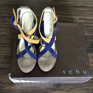 SCHU Yellow Blue Cream side high heel shoes